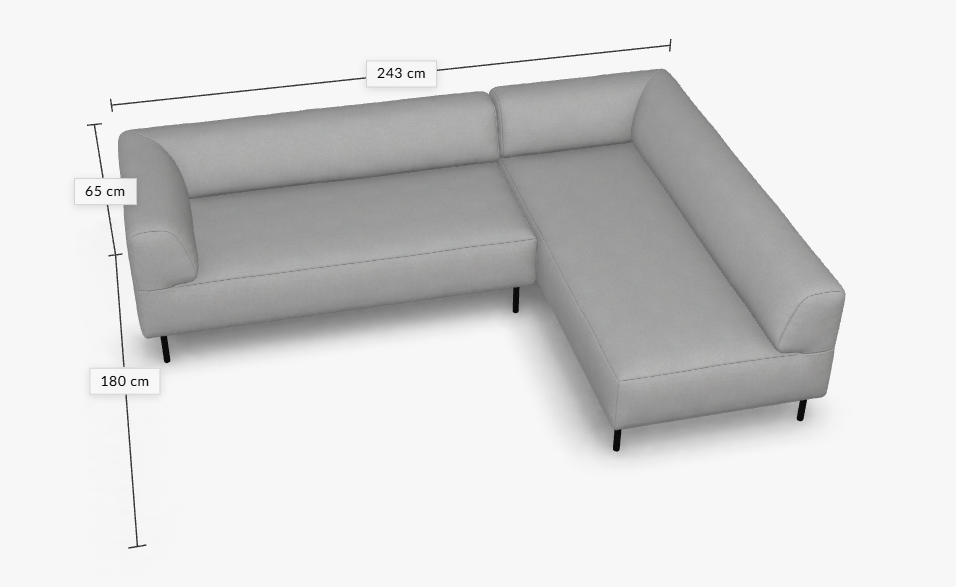 graues Ecksofa mit schwarzen Füßen und Bemaßung vor weißem Hintergrund