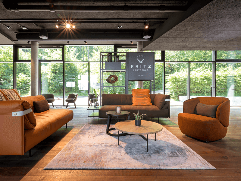 Innenansicht einer modernen Hotellobby mit braunen Sofas, einem bequemen Sessel, einem Couchtisch und großem Fenster mit grünem Ausblick
