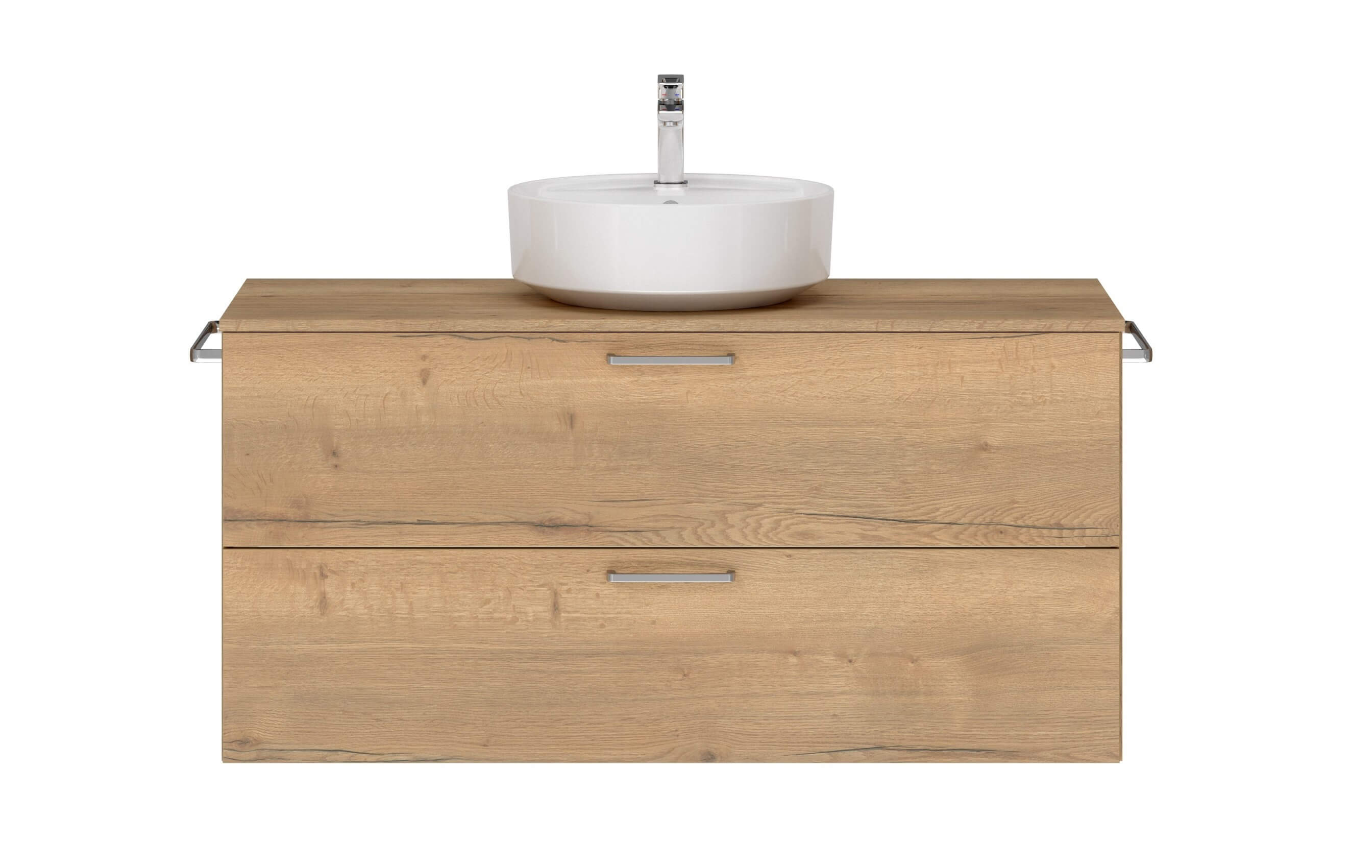 Badschrank braun mit zwei Schubladen mit rundem Aufsatzwaschbecken Handtuchhaltern und Armatur nobilia