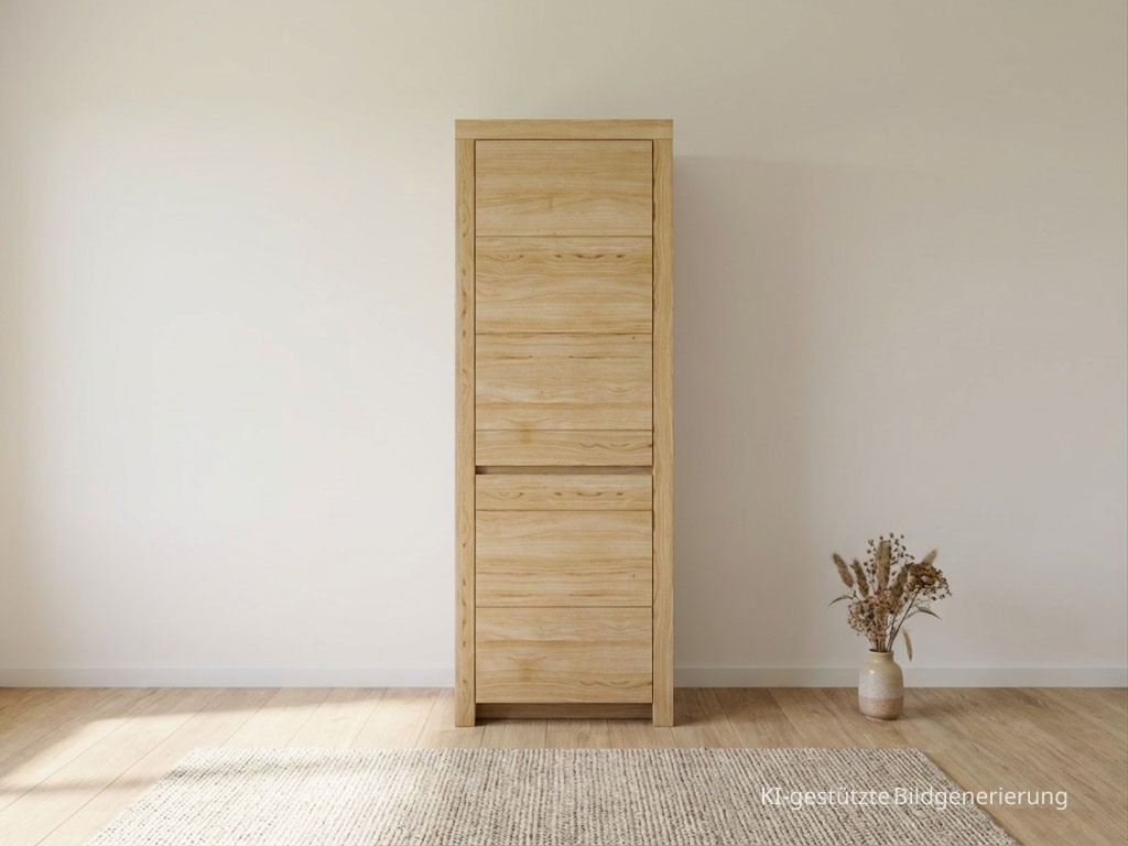 moderner brauner Holzschrank stilvoll dekoriert in einem hellen Raum, Bild KI generiert