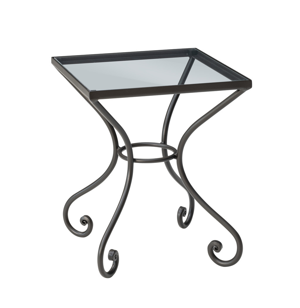 schwarzer Nachttisch auf filigranem Eisenmetallgestell mit Glasplatte vor weißem Hintergrund Cura von Hasena