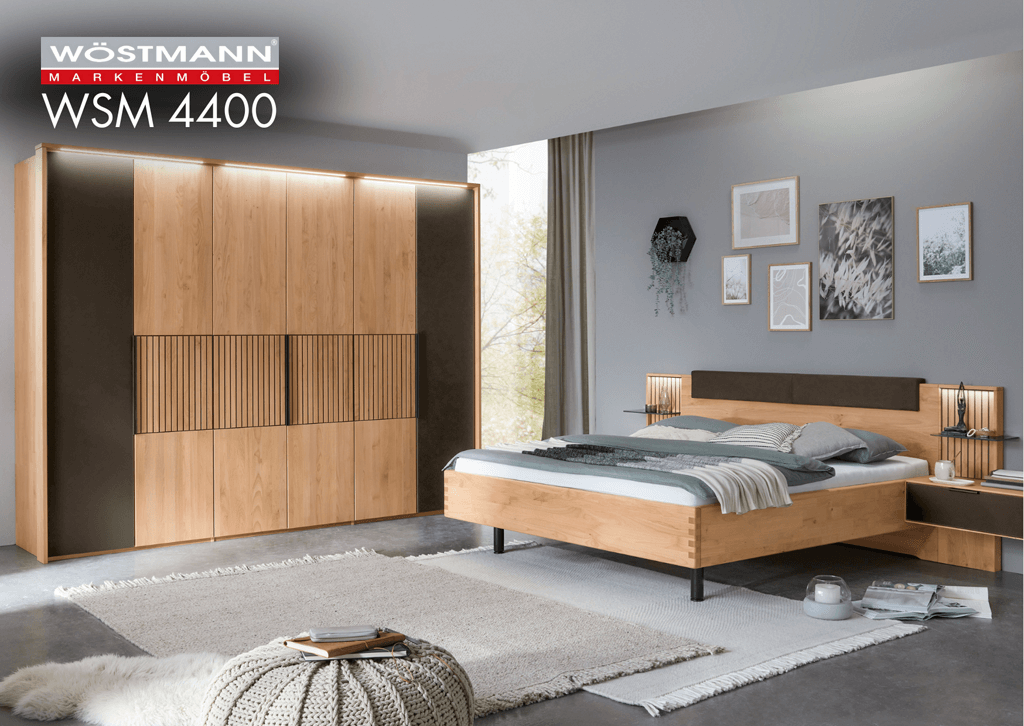 Massivholz Schlafzimmermöbel mit Akzent-Fronten und Beleuchtung