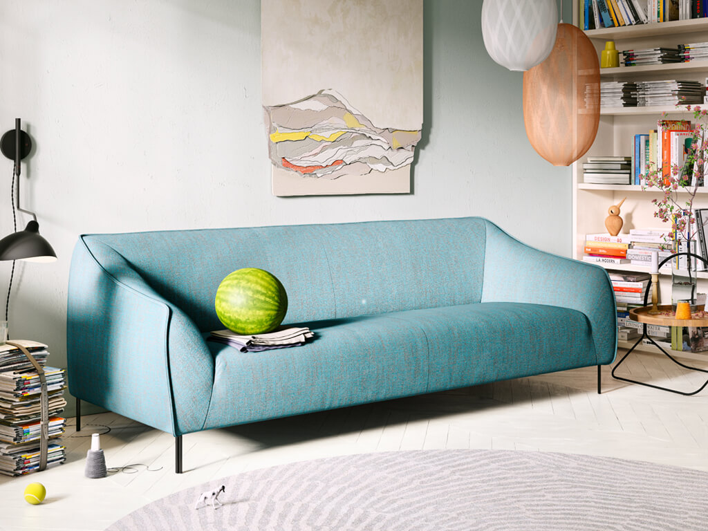 hellblaues sofa mit einer wassermelone in einem zimmer stilvoll dekoriert freisti rolf benz