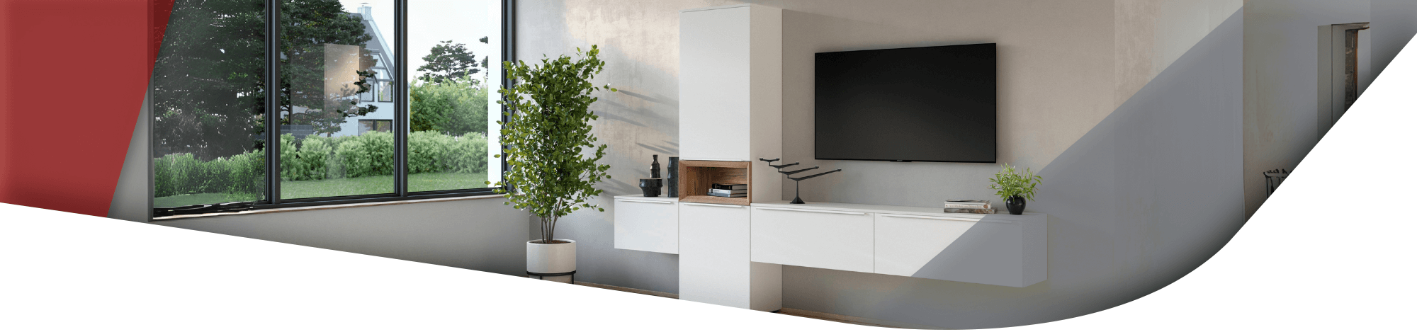 Wohnzimmer mit Wohnwand in T Form und in weiß mit offenem Holz Regalfach