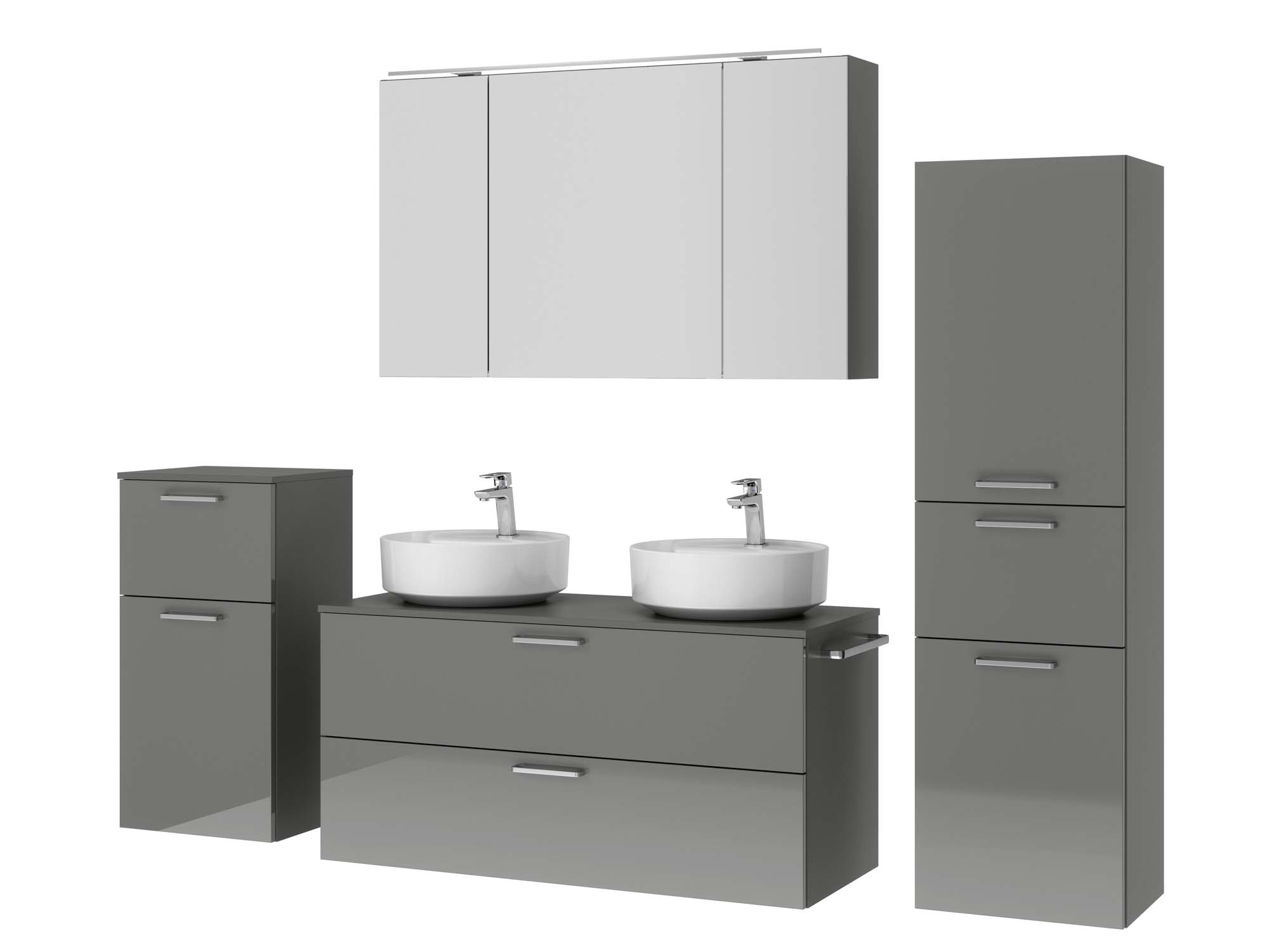 Badezimmermöbel-Set 3 Schränke grau mit Waschtisch und Spiegelschrank nobilia
