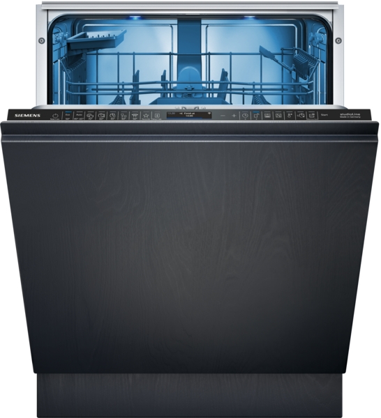 Siemens studioLine - Vollintegrierter Geschirrspüler iQ700 (60 cm) INKL. 5 JAHRE GARANTIE | XXL | SX67E800BE Vollintegrierter schwarzer Siemens Geschirrspüler mit Sicht auf das Innere und blaue Innenbeleuchtung
