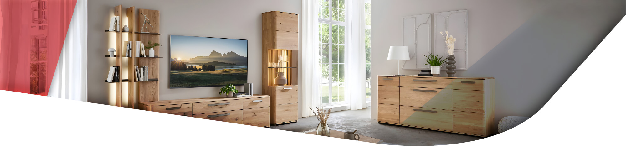 Wohnzimmer mit Massivholz Wohnwand und Sideboard