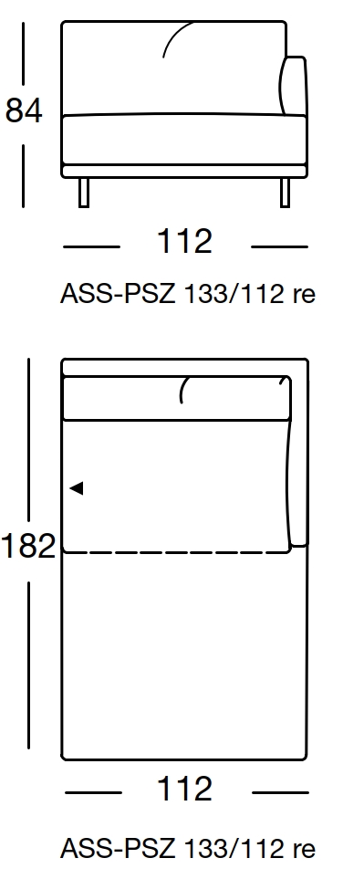 Maßzeichnung eines Sofaelements vor weißem Hintergrund freistil Rolf Benz 133