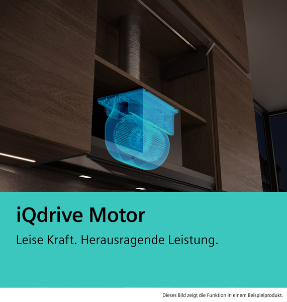Eine technische Röntgenansicht zeigt den leistungsstarken und leisen iQdrive Motor im Inneren der Dunstabzugshaube.
