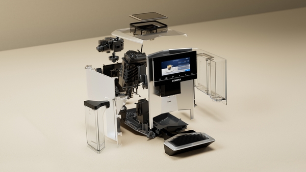 Detaillierte explodierte Ansicht eines modernen Kaffeevollautomaten mit sichtbaren internen Komponenten