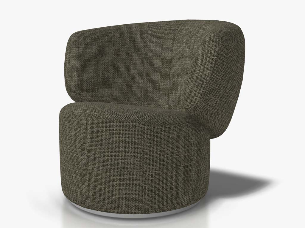 Bequemer grauer Polstersessel mit rundem Design auf weißem Hintergrund