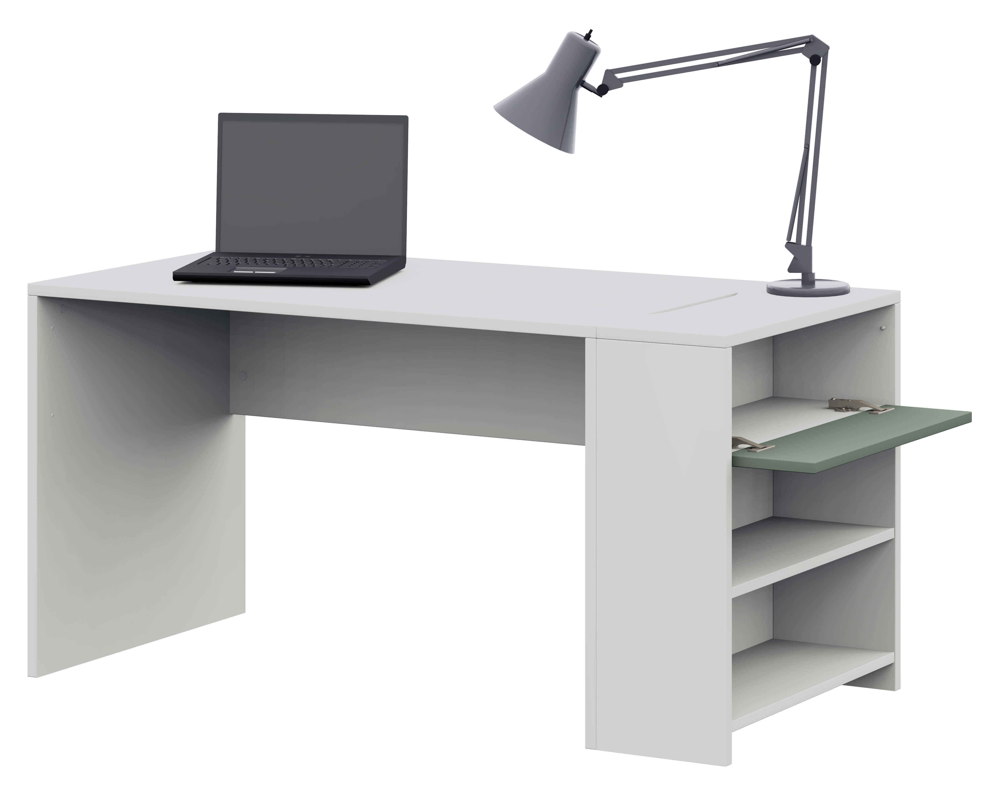 Röhr Bush. clip - Schreibtisch mit Anbauregal | B: 120,0 cm | weiß Weißer Schreibtisch mit Laptop und verstellbarer Lampe, seitliche Regalfächer