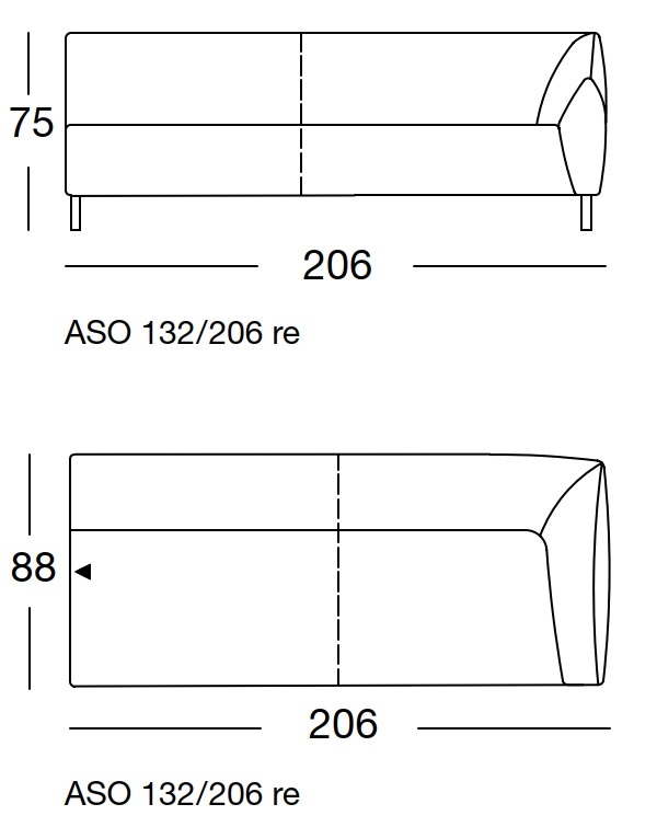Maßzeichnung eines Sofaelements vor weißem Hintergrund freistil Rolf Benz 132
