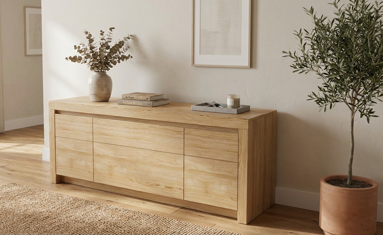 braunes Lowboard stilvoll dekoriert in einem modernen Zimmer