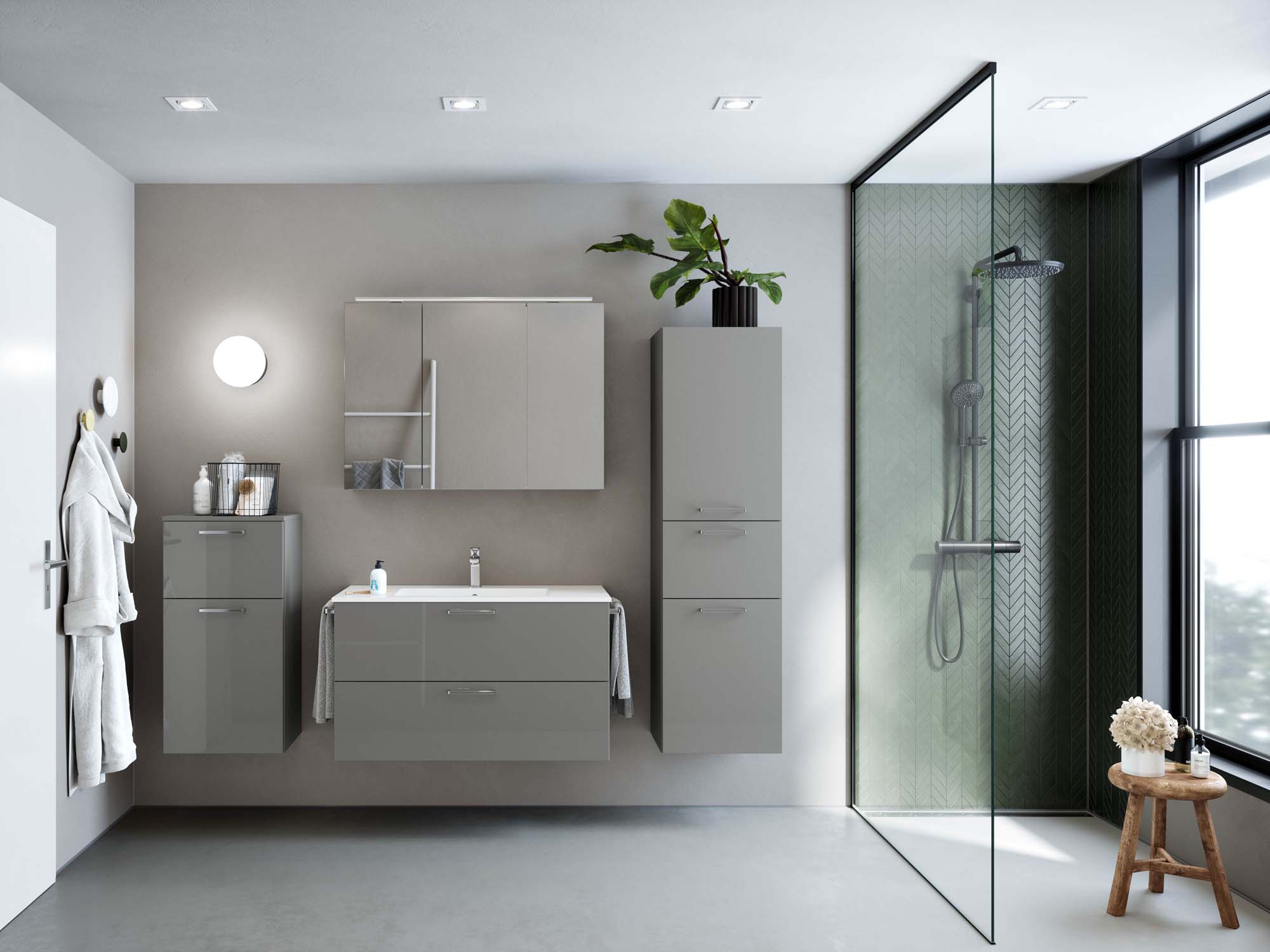 Badezimmermöbel-Set 3 Schränke grau mit Waschtisch und Spiegelschrank nobilia 