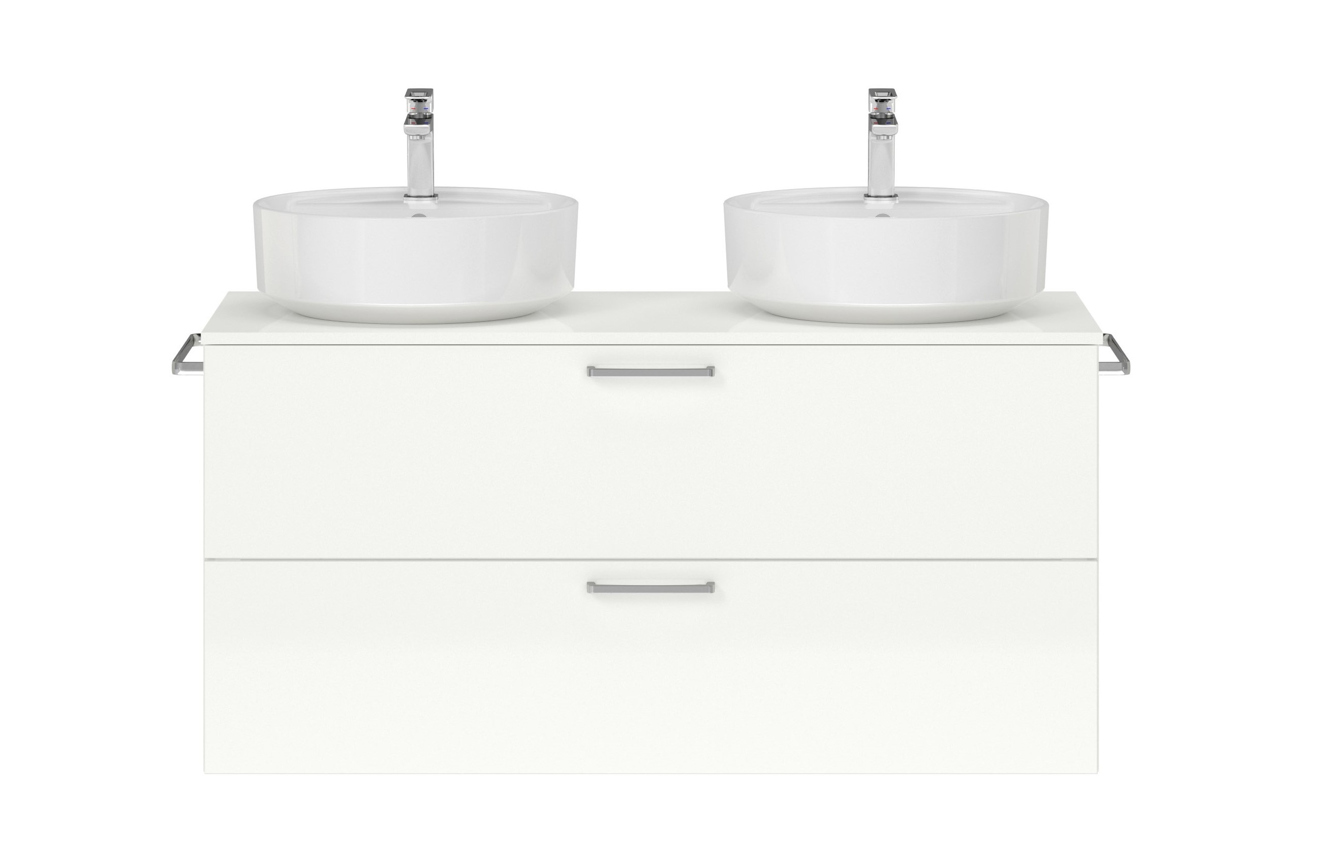 Badschrank weiß mit zwei Schubladen mit zwei runden Aufsatzwaschbecken Handtuchhaltern und Armatur nobilia