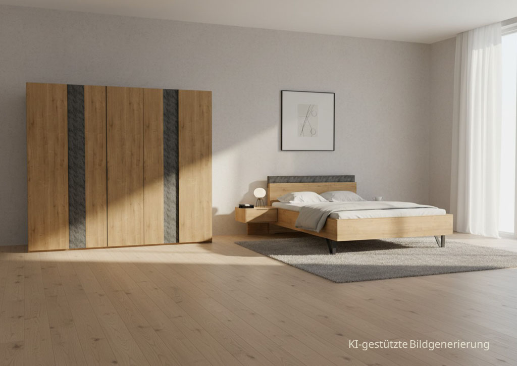 modernes braunes Schlafzimmer mit Bett und Kleiderschrank stilvoll dekoriert in einem hellen Raum mit Holzboden und großem Fenster, Bild KI generiert