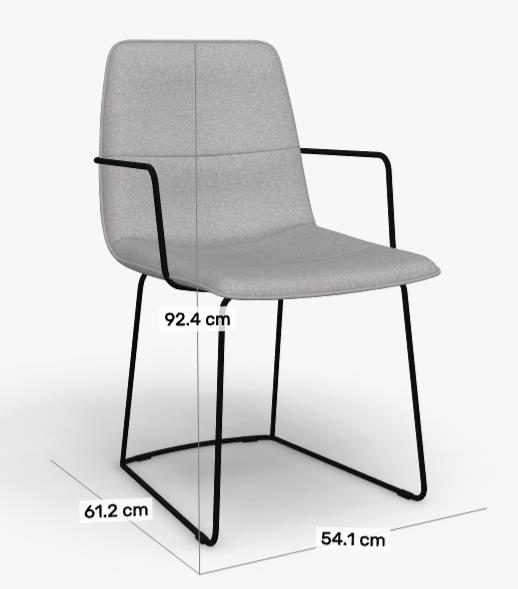 Grau gepolsterter Stuhl mit schwarzem Metallrahmen, Abmessungen: Höhe 92,4 cm, Breite 54,1 cm, Tiefe 61,2 cm