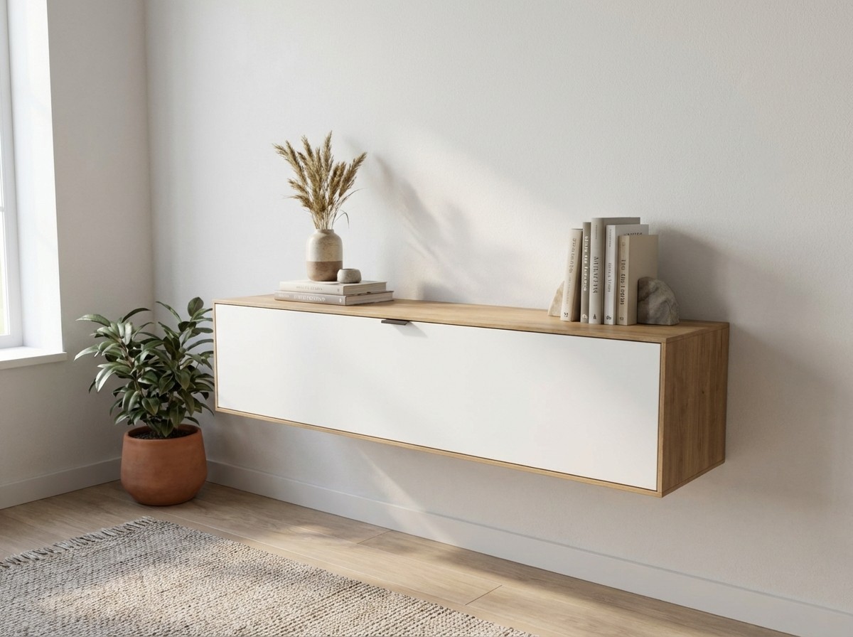 modernes weiß braunes Lowboard stilvoll dekoriert in einem hellen Zimmer