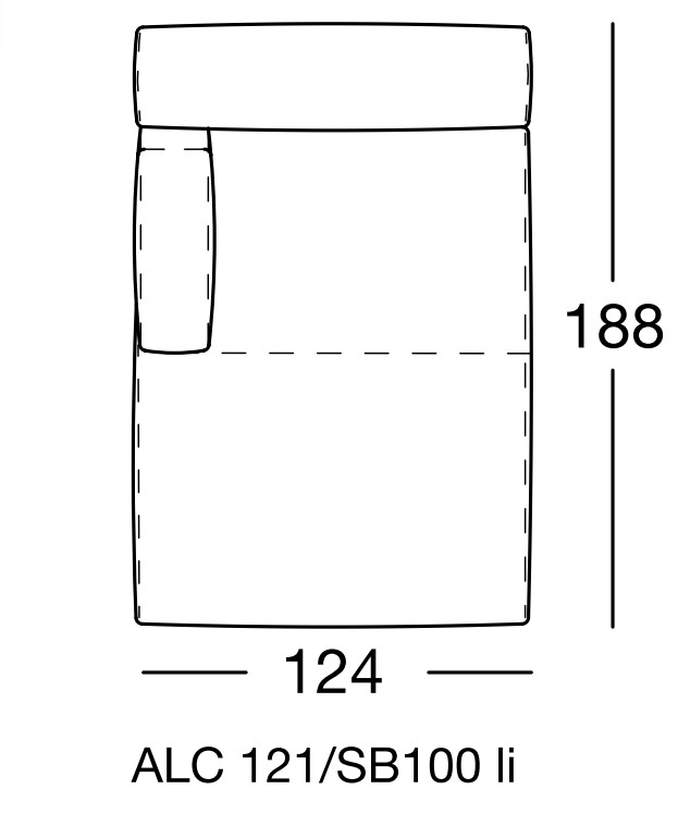 Maßzeichnung eines Sofaelementes mit Artikelbezeichnung vor weißem Hintergrund