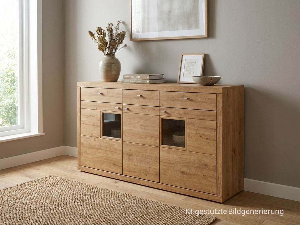 modernes braunes Highboard stilvoll dekoriert in einem hellen Raum, Bild KI generiert