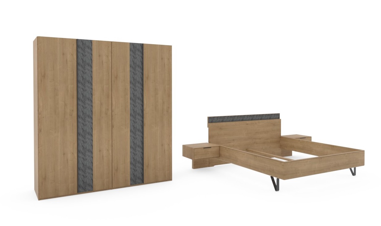 brauner Schrank mit zwei grauen Streifen und Bett mit zwei Konsolen vor weißem Hintergrund