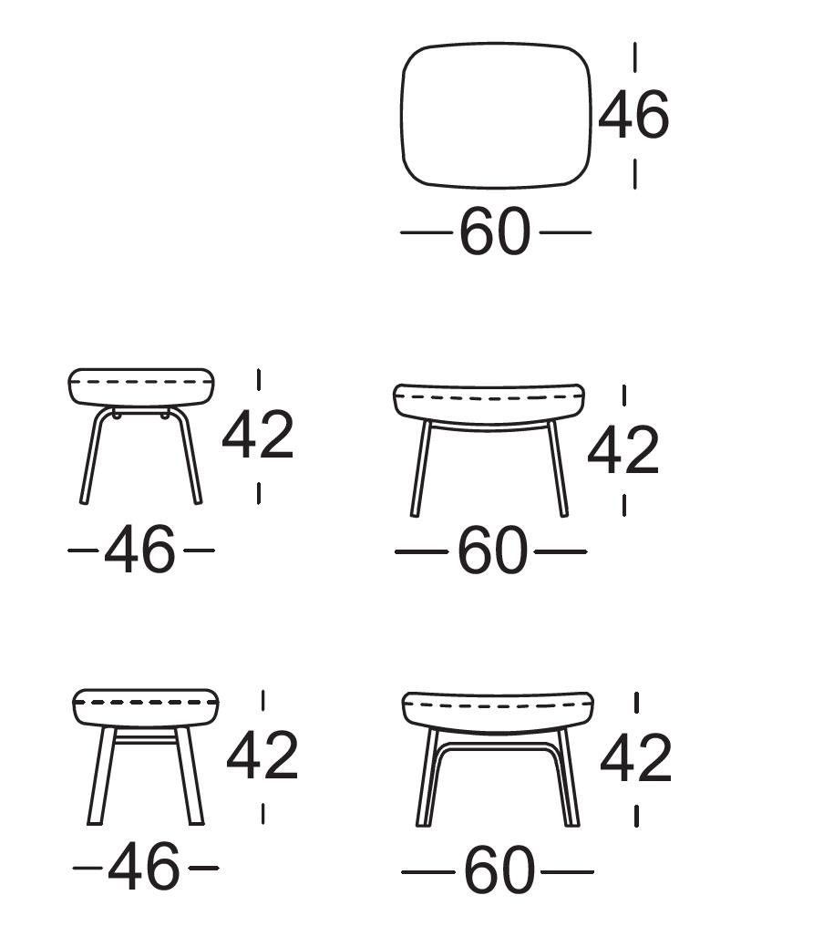 Diagramm eines Hockers mit den Maßen: 60 cm Breite, 46 cm Tiefe, 46 cm und 42 cm Höhe mit unterschiedlichen Perspektiven.