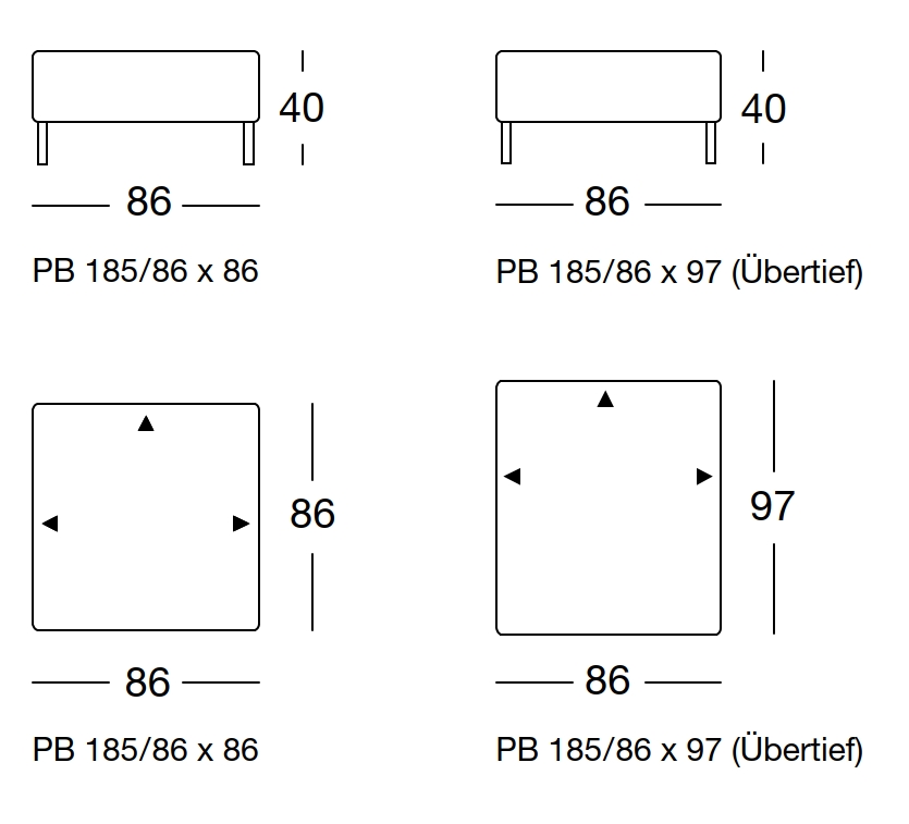 Maßzeichnung eines Sofaelements vor weißem Hintergrund freistil Rolf Benz 185