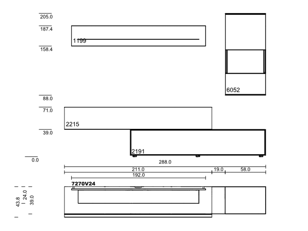 Eine technische Maßzeichnung der Hartmann Torido Wohnwand V24, die detaillierte Abmessungen und die Anordnung der einzelnen Komponenten wie TV-Element, Wandregal und hoher Schrank darstellt.