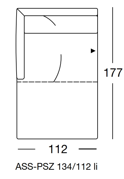 freistil Rolf Benz 134 - Abschlusssessel mit Polstersitz links | B: 112 cm | ASS-PSZ 134/112li Maßzeichnung eines Sofaelement vor weißem Hintergrund freistil Rolf Benz 134