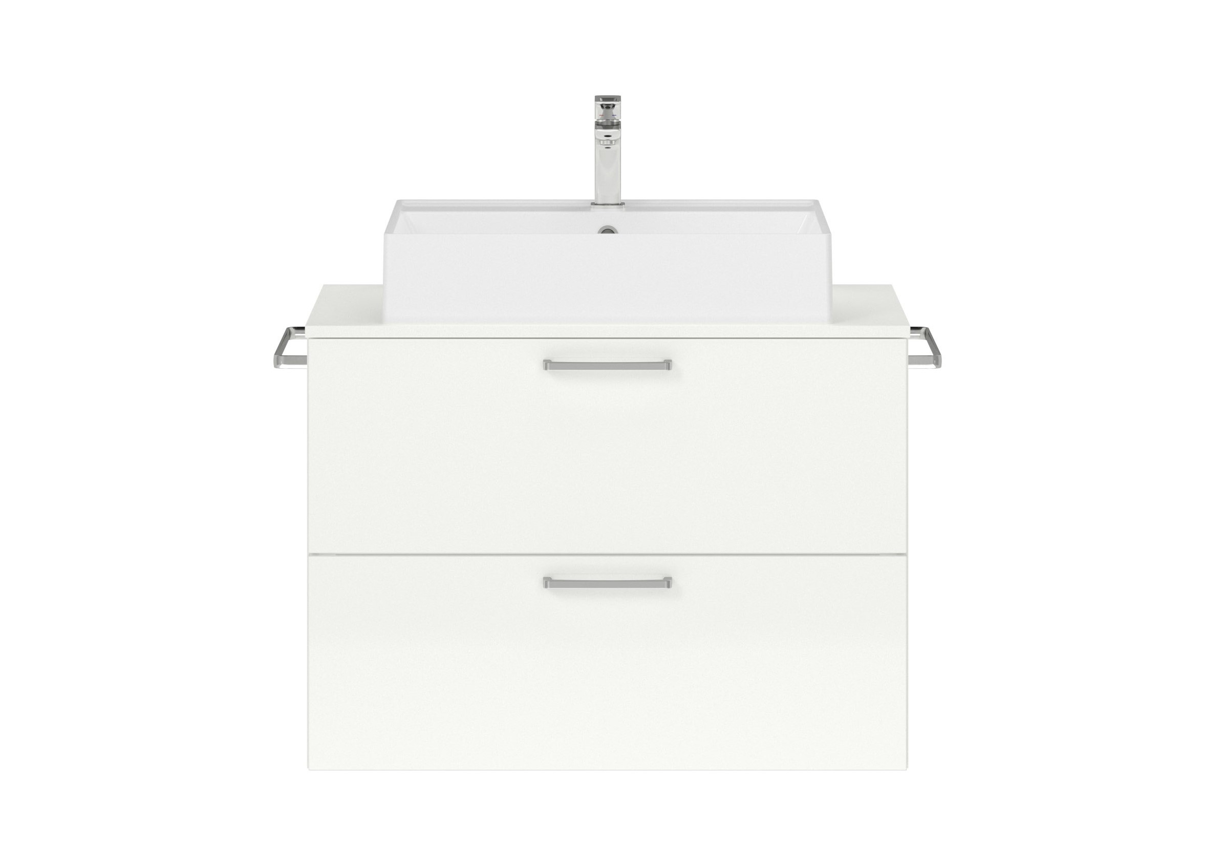 Badschrank weiß mit zwei Schubladen mit eckigem Aufsatzwaschbecken Handtuchhaltern und Armatur nobilia