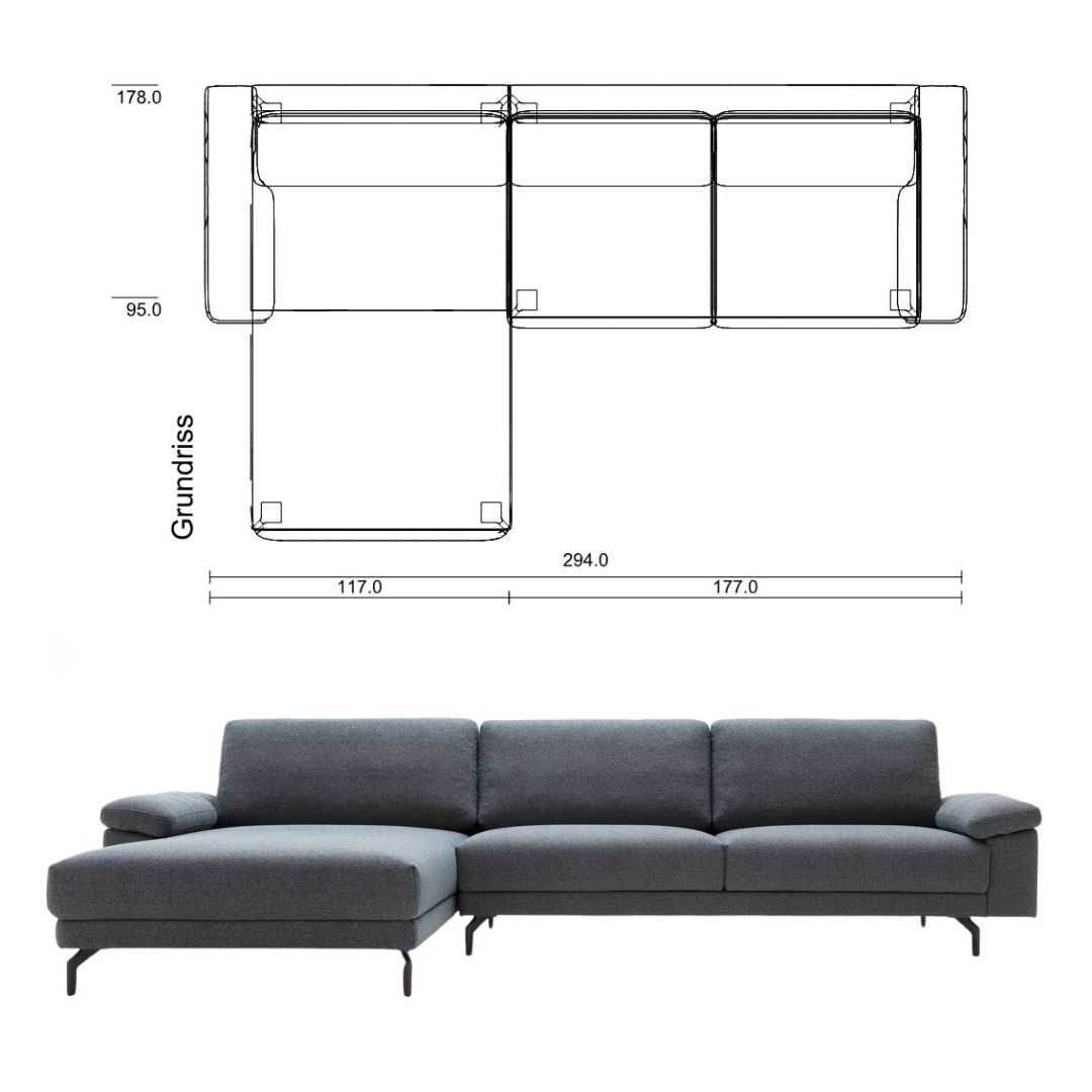 blau graues Ecksofa mit Recamiere und 2-Sitzer Element