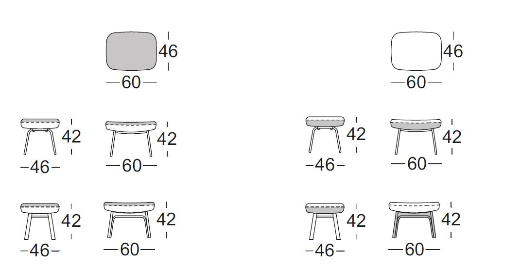 Diagramm von mehreren Hockermodellen mit Höhen- und Breitenangaben: 60x46 und 60x42 Zentimeter.