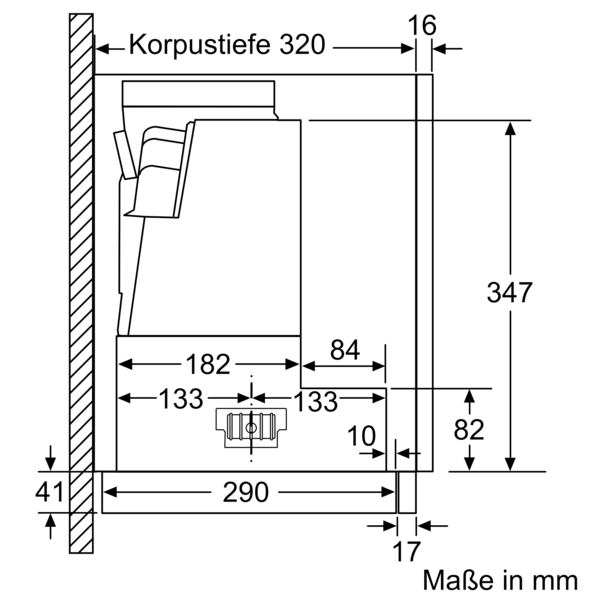 Skizze eines Schranks mit Maßangaben, Korpustiefe 320 mm, Breite 290 mm, Höhe 347 mm, verschiedene Abstände markiert.