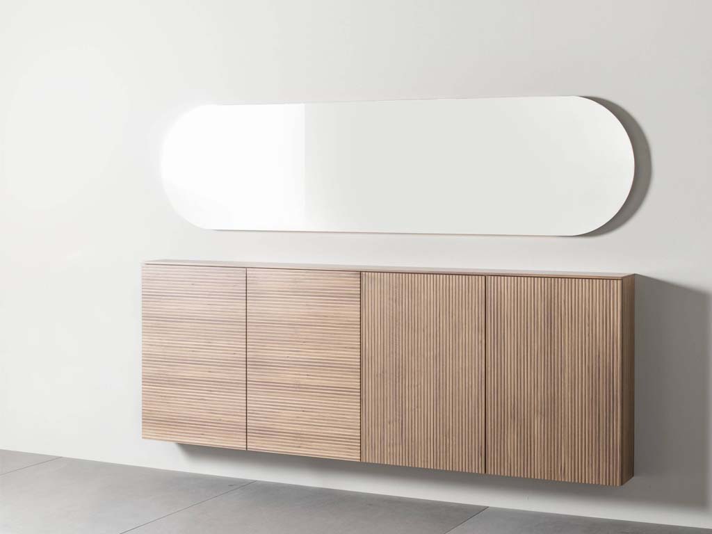 Sudbrock Tando - Schuhschrank (Rillenfront) inkl. Spiegel | Furnier Nussbaum natur  | B: 240 cm Hängender Badezimmerschrank aus Holz mit ovalem Spiegel an der Wand
