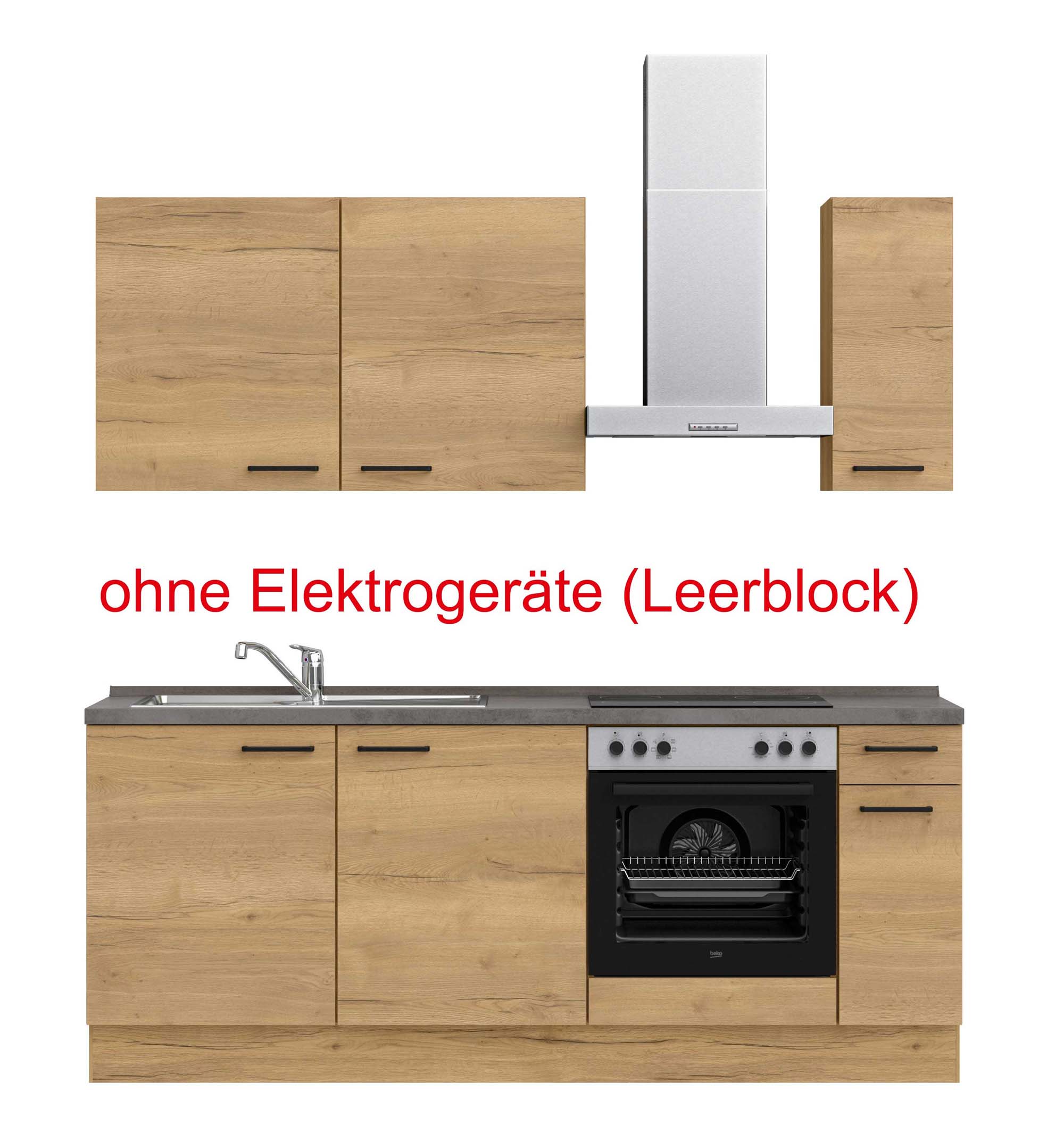 küchenzeile braun, grau mit Backofen, Herd, Dunstabzugshaube, Waschbecken, Armatur mit Hinweistext ohne Elektrogeräte (Leerblock) nobilia structura