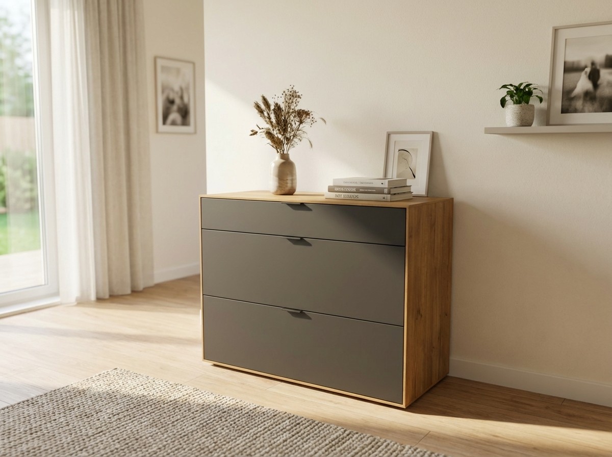 modernes braun graues Sideboards stilvoll dekoriert in einem modernen Zimmer