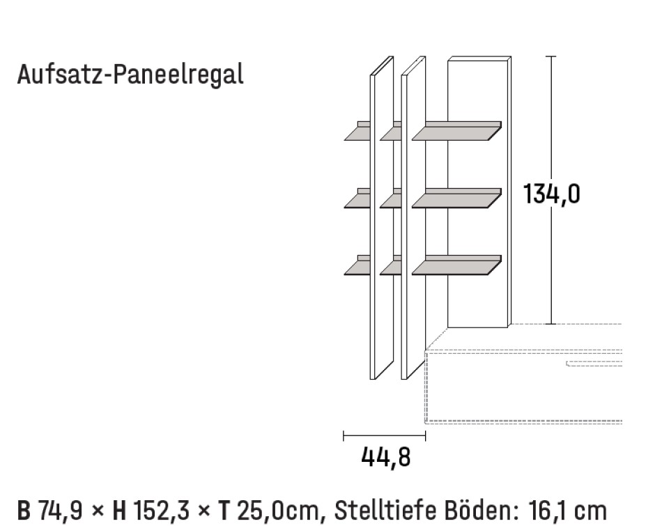 Illustration eines Wandregals mit Maßangabe und Bezeichnung vor weißem Hintergrund