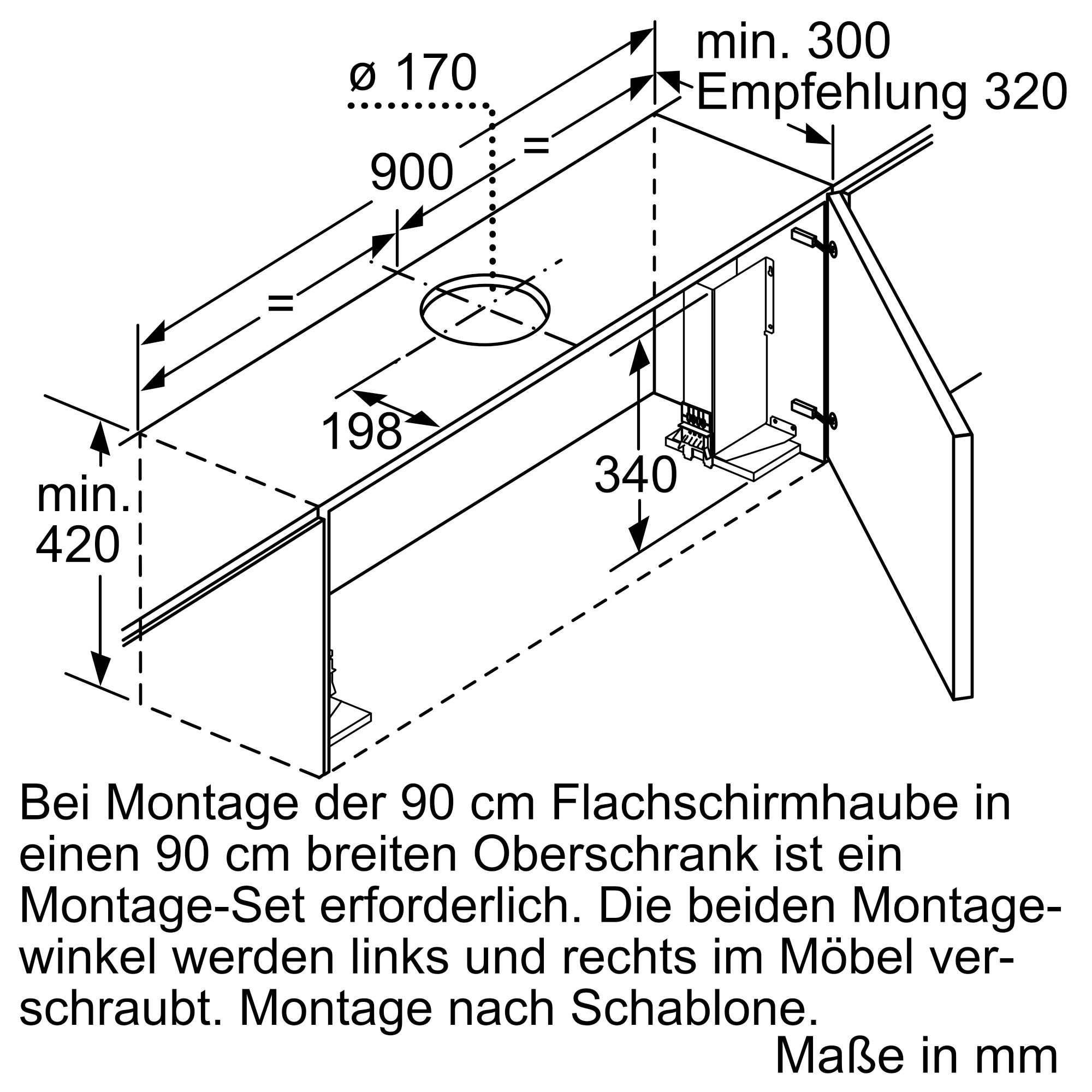 Technische Zeichnung zur Montage einer 90 cm Flachschirmhaube in einem 90 cm breiten Oberschrank mit Maßangaben in Millimetern.