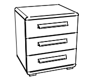 Illustration eines Nachttisches mit drei Schubladen und drei griffen vor weißem hintergrund trigo von hasena