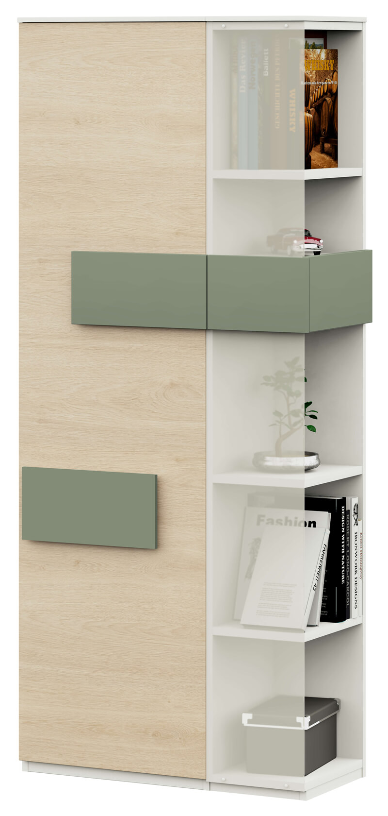 Röhr Bush. clip - Regalschrank | B: 100,0 cm | Korpus weiß | Front Eiche Sand - Salbeigrün / satiniertes Glas Moderner Schrank aus hellem Holz mit integriertem Regal, dekorativen grünen Akzenten und Büchern im Inneren