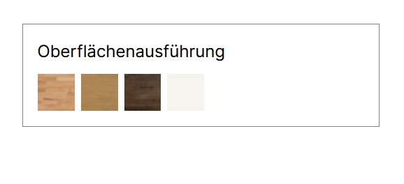Oberflächenausführungen von vier Holzfarben in tabellenform vor weißem hintergrund