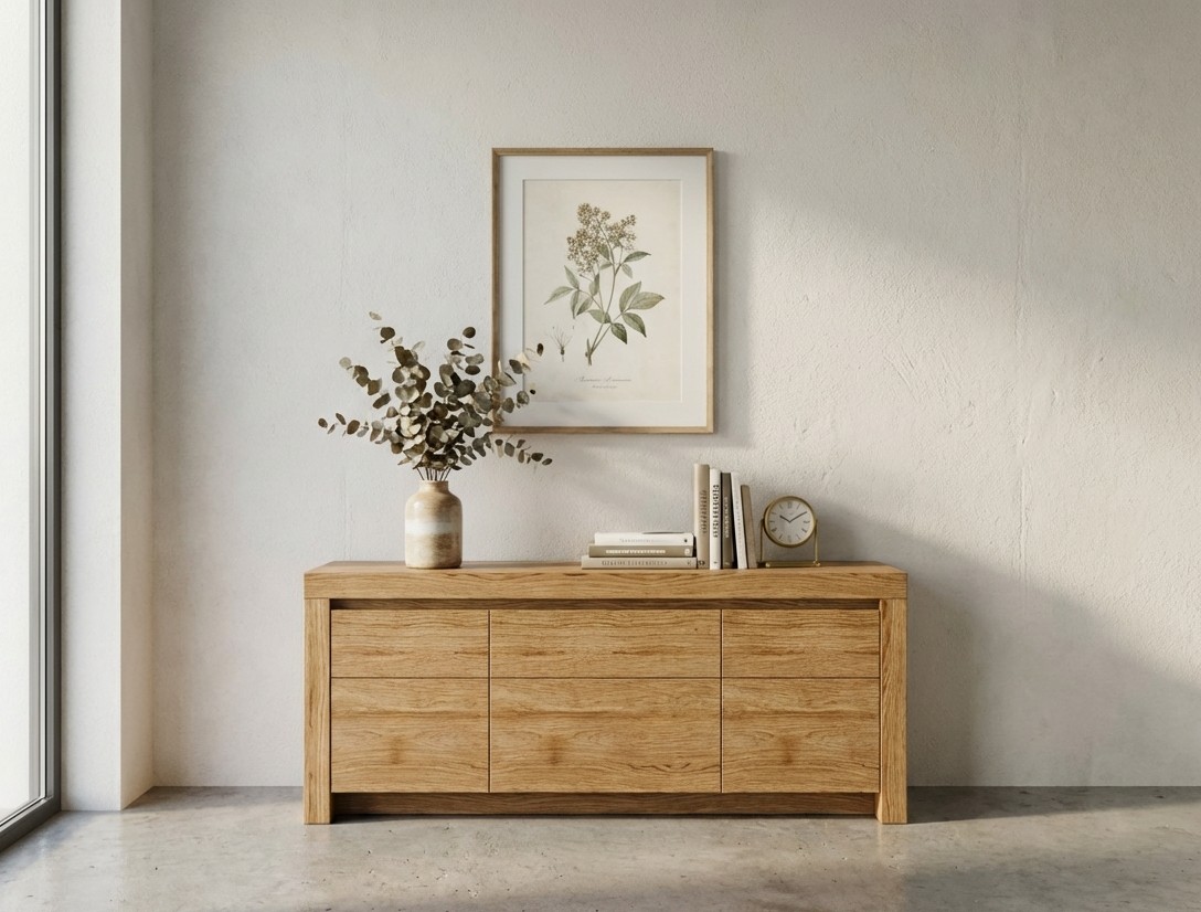 braunes Lowboard stilvoll dekoriert in einem modernen Zimmer