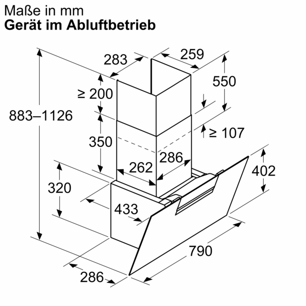 Technische Zeichnung der Maße einer Dunstabzugshaube in Abluftbetrieb, mit detaillierten Angaben in Millimetern