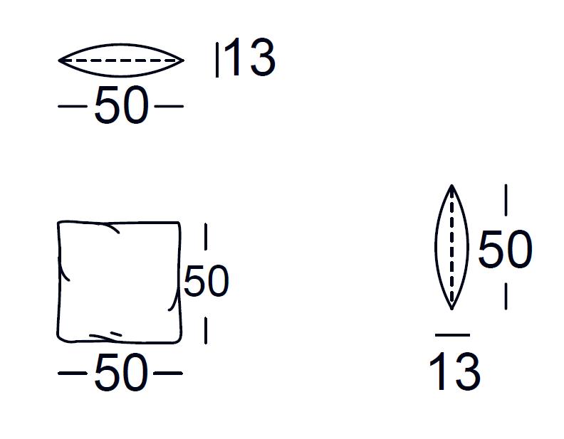 Technische Zeichnung von quadratischen Kissen mit Höhe 13 cm, Seitenlänge 50 cm