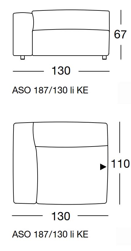Maßzeichnung eines Sofaelements vor weißem Hintergrund freistil Rolf Benz 187