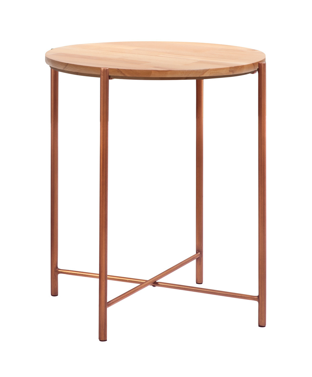 Kleiner brauner beistelltisch mit runder platte auf einem vierfüßigen metallgestell in kupfer vor weißem hintergrund nali von hasena