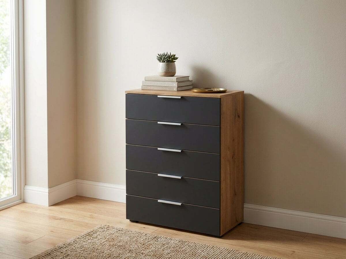 kommode mit fünf schwarzen schubladen und silberfarbigen griffen mit braunem korpus stilvoll dekoriert in ein einem modernen raum