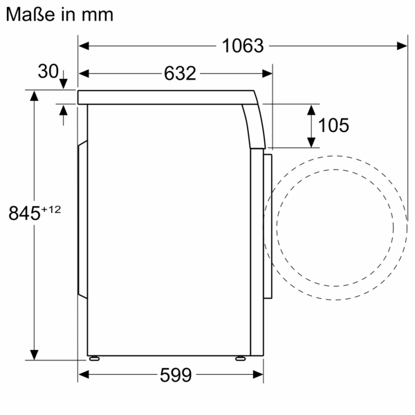 Technische Zeichnung der Waschmaschine mit genauen Abmessungen in Millimetern, einschließlich Höhe, Breite und Tiefe