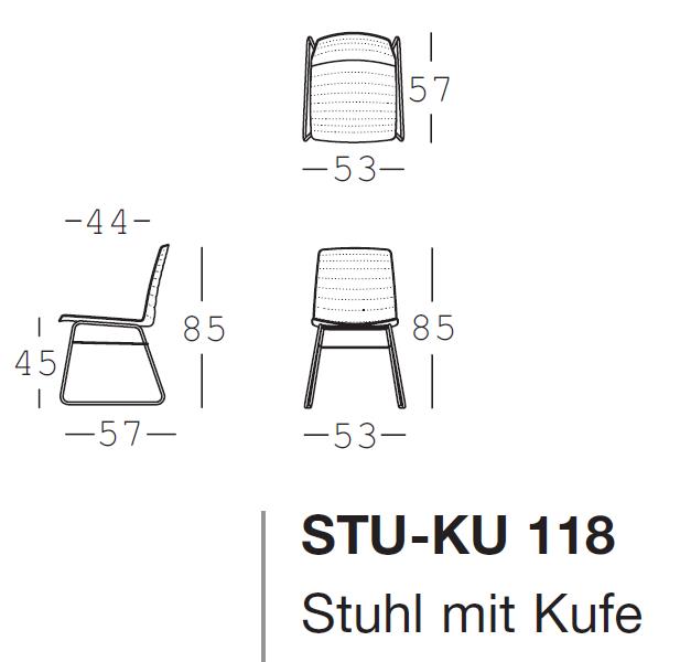 Technische Zeichnung von drei Ansichten des Stuhls STU-KU 118, ein Stuhl mit Kufen, inklusiv Maße in Zentimetern